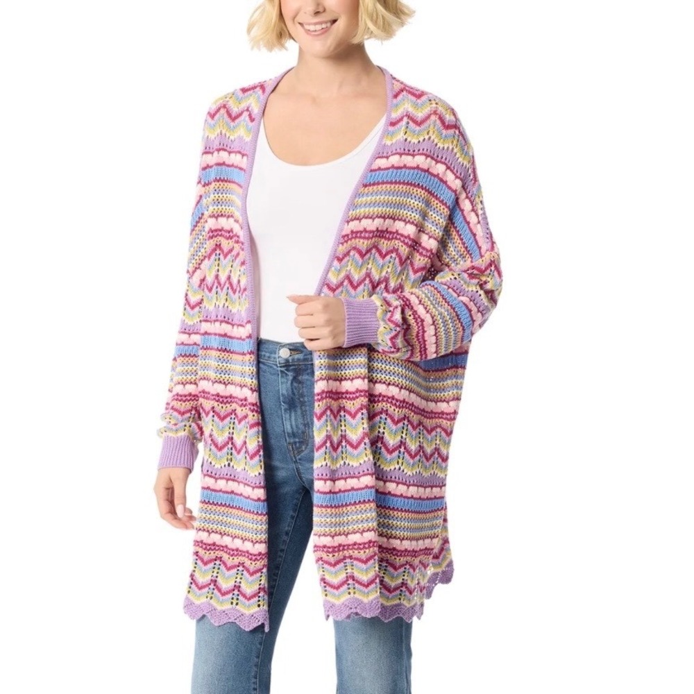 Jessica Simpson Kayla Boho Colorful Crochet  Oversized Zigzag Knit Cardigan S M